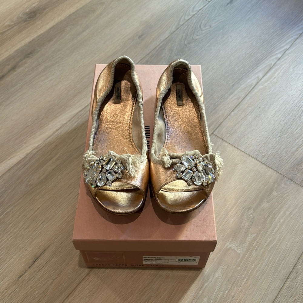 Miu Miu Nappa Shine Cipria Open Toe Ballet Flats - Sz 38